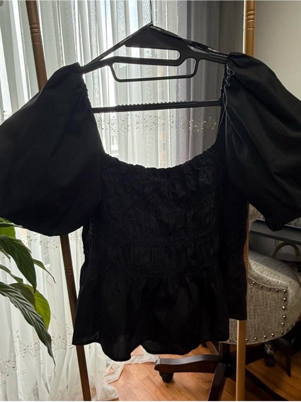 Karl Lagerfeld Black Puff Sleeve Smocked Blouse